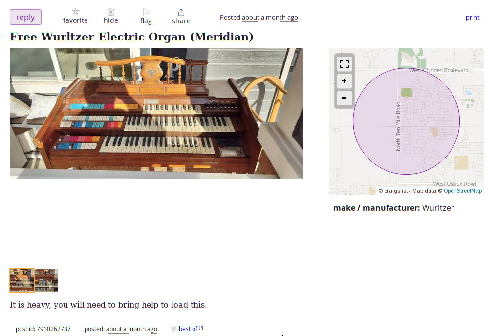 Craigslist listing — "Free Wurlitzer Electric Organ (Meridian)"