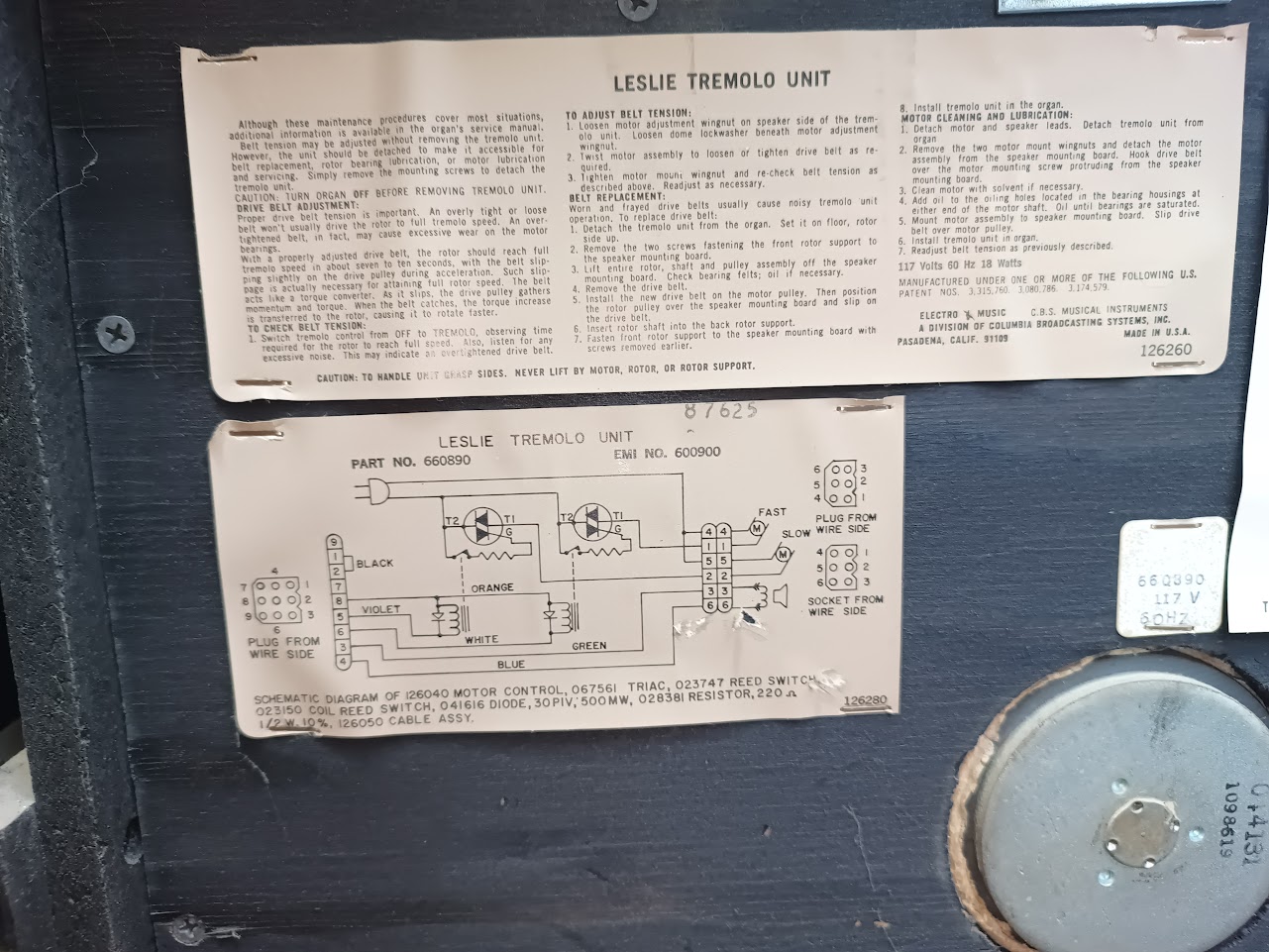 Close-up of Leslie Tremolo Unit schematic and maintenance labels