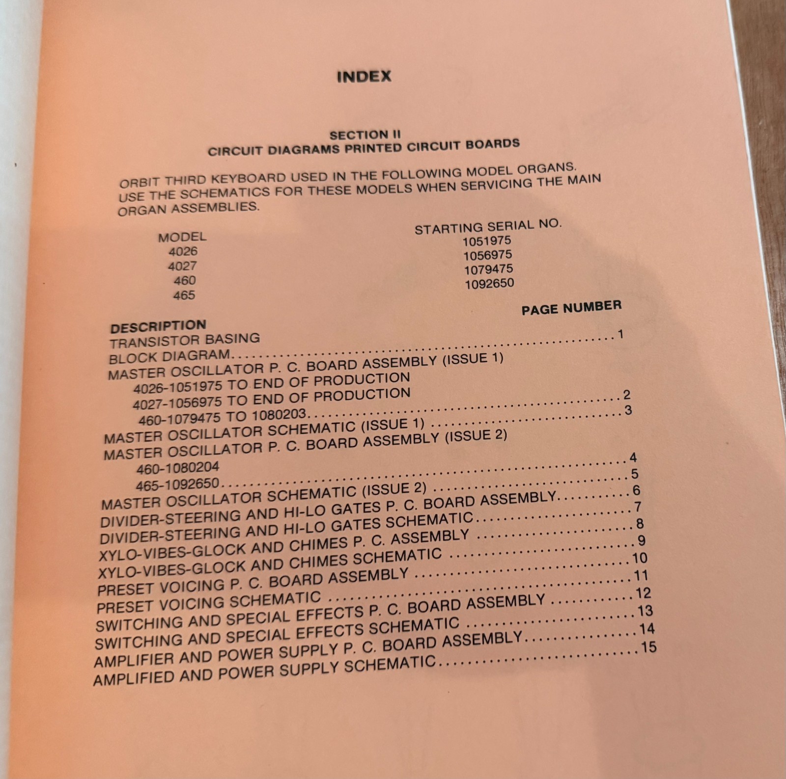Orbit III service manual index page listing all 15 circuit diagrams
