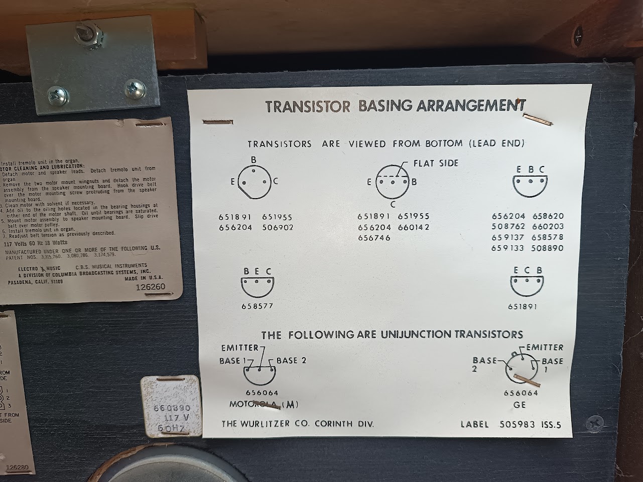 Transistor basing arrangement chart from rear cabinet panel